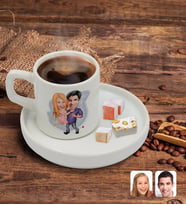 BK Gift Kişiye Özel Sunum Tabaklı Sevgililer Karikatürlü Türk Kahvesi Fincanı Model 3