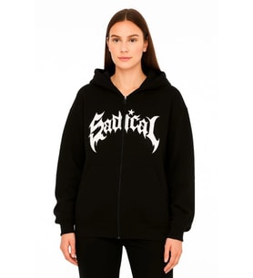 Oversize Kapüşonlu Sweatshirt Hoodie 3 İplik Şardonlu Pamuklu Kumaş, Önü Baskılı, Fermuarlı Rahat Kalıp, Kışlık Ve Sokak Stili Sweat - Siyah
