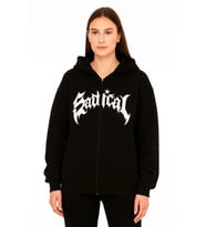 Oversize Kapüşonlu Sweatshirt Hoodie 3 İplik Şardonlu Pamuklu Kumaş, Önü Baskılı, Fermuarlı Rahat Kalıp, Kışlık Ve Sokak Stili Sweat - Siyah