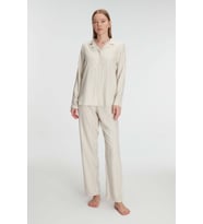 Kadın Bej Uzun Kollu Çizgi Desenli Önden Düğmeli Pijama Takımı (Renksiz)