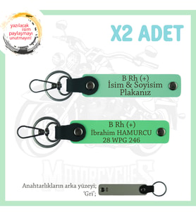 Motosiklet Aşıklarına Özel, İsim Plaka ve B Rh (+) Kan Grubu Yazılı x2 Anahtarlık, Yeşil-F Yeşil-Gr