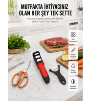 Profesyonel Mutfak Makas Seti – Kesim Makası + Soyacak + Bileyici Yeni Nesil