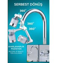 Filtreli Musluk Başlığı 360° Döner Mafsallı – Ayarlanabilir Su Tasarruflu Perlatör – Mutfak ve Banyo