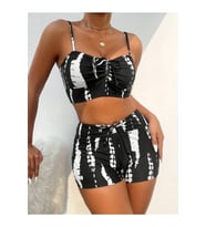 Kadın Büzgü Detay Askılı Cupsuz Crop Mini Tayt Ikili Takım