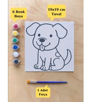 Tuval Boyama Aktivite Seti Sevimli Köpek Baskılı 19x19 Cm (Tuval, Fırça ve 6 Renk Akrilik Boya Seti)