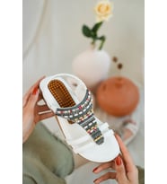 Khayt Rebeca Anatomik Fashion Taşlı Günlük Kadın Sandalet (Beyaz)