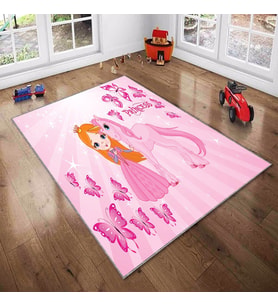 Pembe Prensen Ve Unicorn Desenli Yıkanabilir Kaymaz Taban Leke TutmazBebek ve Çocuk Odası Halısı