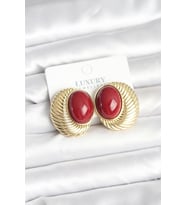 Pirinç Gold Renk Bordo Boncuklu Oval Vintage Kadın Küpe 5886 - HPSBYI2468-1899