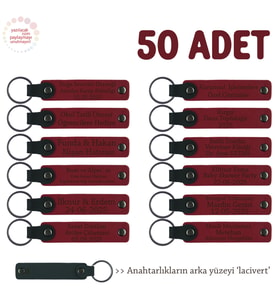 Topluluklar Arası Etkinlik Anısına, 50'li Set, Kişiye Özel Yazılı Deri Anahtarlık, Kırmızı & Laci