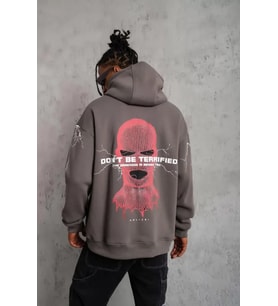 Erkek Maske Baskılı Kapüşonlu Sweat - Gri