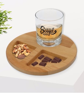 BK Gift Kişiye Özel Sosyal İçici Tasarımlı Viski Bardağı ve Doğal Masif Ahşap Yuvarlak Sunum Tabağı Çerezlik Hediye Seti-2
