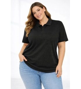 Pike Kumaş Düğmeli Yaka Battal Büyük Beden Günlük Kısa Kol Tişört T-shirt - Siyah