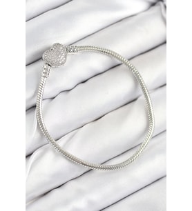 Pirinç Charm Zirkon Taşlı Kalp Model Gümüş Renk Kadın Bileklik - TJ-BB7803