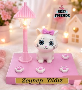 Kişiye Özel İsimli Sevimli Kedi Biblolu Masa Lambası Arkadaşa Hediye