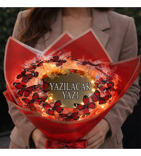 KIRMIZ KELEBEKLİ LEDLİ AYNALI  BUKET (Kırmızı-Altın)