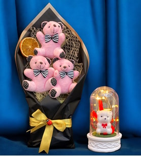 Pembe Peluş Ayıcıklı Büyük Boy Ayıcık Buketi ve Led Işıklı Tasarım Fanus  Ayıcık Buketi (Model 3)