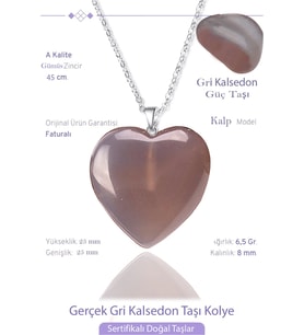 Sertifikalı Gerçek Kalp Model Gri Kalsedon Taşı Kolye