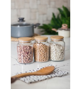 3 Lü Set Bambu Kapaklı Cam Kavanoz & Erzak Saklama Kabı 800 ml Orta  Boy ( Vakum Kapak )