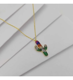 Gümüş Renkli Zirkon Taşlı Kaktüs Model Kolye 925 Ayar (Karışık)