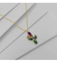 Gümüş Renkli Zirkon Taşlı Kaktüs Model Kolye 925 Ayar (Karışık)