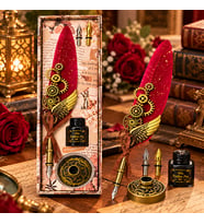 Tüy Divit Kalem Seti Mürekkepli Metal Standlı Steampunk Dişli Dekoratif Hediyelik