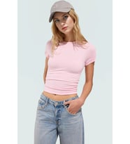 Yazlık Crop Bisiklet Yaka Fitted Viskoz Bluz Günlük Stil Uzun Ömürlü Zarifane Tasarım Premium Kalite (Açık Pembe)