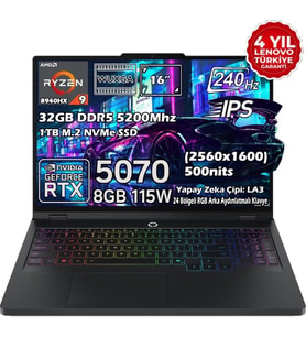 Lenovo Legion Pro 5 16ADR10 AMD Ryzen 9 8940HX 32GB 1TB SSD RTX 5070 8GB 16" WQXGA (2560X1600) IPS Panel 240Hz 115W Freedos Taşınabilir Dizüstü Bilgisayar 83LT0046TR