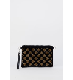 Kadın Puantiyeli Altın Taşlı Süet Bilek Askılı Ve Zincir Askılı Portföy El Ve Clutch Çanta