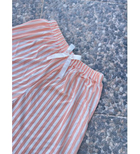 Kadın Dört Mevsim Yumuşak Basic Pamuklu Beli Lastikli Yüksek Bel Pijama Şort Çizgili  (Somon)