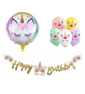 Çiçekli Unicorn Happy Birthday Balonlu Set