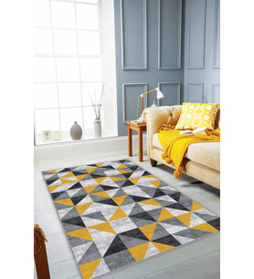 Sarı Geometrik Kaymaz Tabanlı Makinede Yıkanabilir Halı PR07 - 100 x 160 cm