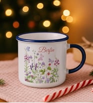 BK Gift Kişiye Özel Çiçek Tasarımlı Lacivert Emaye Kupa Bardak -12, Arkadaşa Hediye, Sevgiliye Hediye