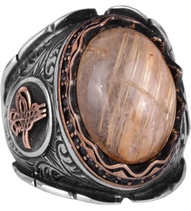 Cabochon Doğal Altın Rutilat Kuvars Taş Yüzük, Mistik 925 Ayar Saf Gümüş Erkek Yüzüğü, Osmanlı Tuğra Yüzüğü