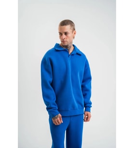 Erkek Patlı Yaka Üç İplik Pamuklu Sweatshirt Double Oversize Rahat Kalıp Günlük Kullanım - Mavi