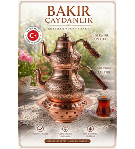 El Yapımı Bakır Balkon Sefalı BÜYÜK BOY Çaydanlık Takımı – Büyük Boy 2 Katlı Semaver Tipi Çaydanlık – Alt Demlik 1,8 L / Üst Demlik 0,9 L – Gaziantep Üretimi