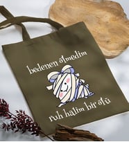 BK Gift Ruh Halim Bir Ölü Tasarımlı Haki Kumaş Bez Çanta, Baskılı Omuz Çantası, Alışveriş Çantası, Arkadaşa Hediye-1