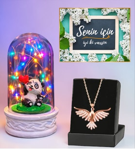 Renkli Led Işıklı Fanus ve Zümrüdü Anka Kuşu Kolye Hediye Seti (Model 8)