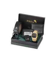 Polo Air Takvimli Kare Kasa Erkek Kol Saati Kemer Cüzdan Kartlık Çakmak Kombin Set Gold Siyah Renk PL-7086E6