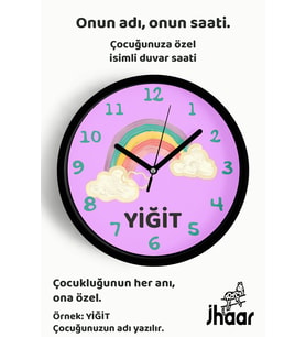 İsme Özel Gökkuşağı Çocuk Odası Duvar Saati Orta Boy 30 cm Siyah Camlı Sessiz