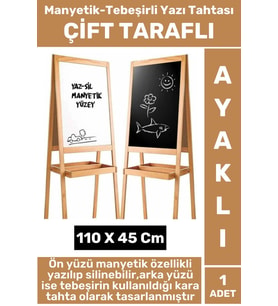 Kalem Silgi Tebeşir Çift Taraflı Manyetik Kara Tahta Tasarım Ayaklı Ahşap YAZI TAHTASI 110 X 45 Cm