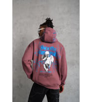 Erkek 3 İplik Pamuklu Kapüşonlu Baskılı Cepli Sweatshirt Hoodie - Gül Kurusu