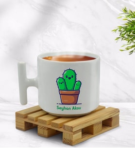 BK Gift Kişiye Özel Kaktüs Tasarımlı T Kulplu Beyaz Middle Kupa Bardak-3