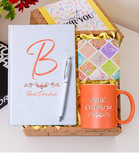 Kişiye Özel Renkli Defter , Turuncu Kupa Bardak, Tükenmez Kalem & Hediye Seti