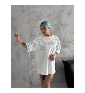 Unisex Bisiklet Yaka Baskılı Oversize T-Shirt - Beyaz