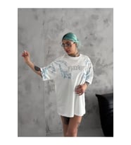 Unisex Bisiklet Yaka Baskılı Oversize T-Shirt - Beyaz