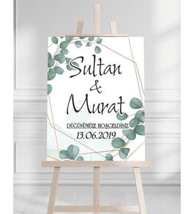 Söz Nişan Düğün İçin 50x70 Karşılama Panosu - Yeşil Yaprak Tasarımlı 001