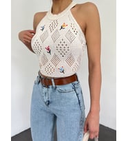 AJURLU ÇİÇEK NAKIŞLI CROP HIRKA - TRİKO CROP HIRKA (Krem)
