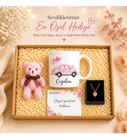 Kişiye Özel Aşk Kutusu Vosvos Tasarımlı Kupa Bardak Ayıcık Anahtarlık & Pembe Kalpli Kolye Seti