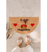 Kırmızı Kapli Balonlu 434 Model Oval Kapı Önü Paspası Koko Paspas Kıl Paspas Dış Kapı Paspas
