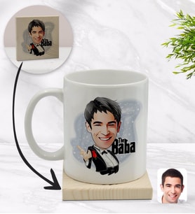 BK Gift Kişiye Özel Baba Godfather Karikatürlü Beyaz Kupa Bardak ve Ahşap Bardak Altlığı Hediye Seti - Model 2